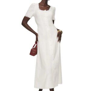 Reformation Alida Button Cotton Square Neck Midi Dress in White - Size 10 (NWT)